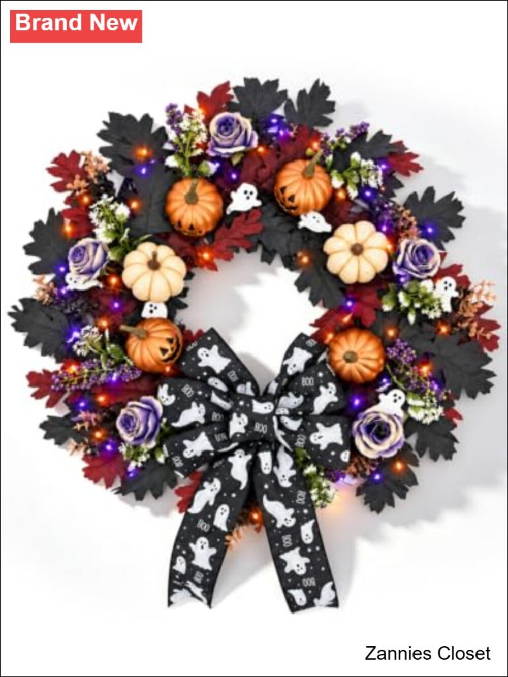 👻 Halloween Wreath 22" LED Lights Ghost Boo Bow Pumpkins Gothic Home Decor